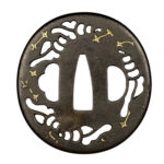 Hayashi Matahei 5th Master signed Shigehisa Tsuba with floral design and gold inlay signed ura