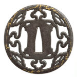 Kamiyoshi Fukanobu 2nd Master Tsuba with warabite design and gold inlay